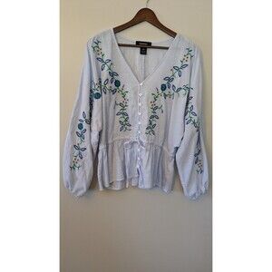 Karen Kane Womens Peasant Top XLp Embroidered Floral Boho Button Cinch Waist